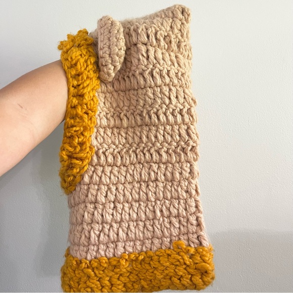 Handknit Animal Hooded Chunky Hat with Neck Handmade Yellow and Cream One Size - Picture 5 of 7